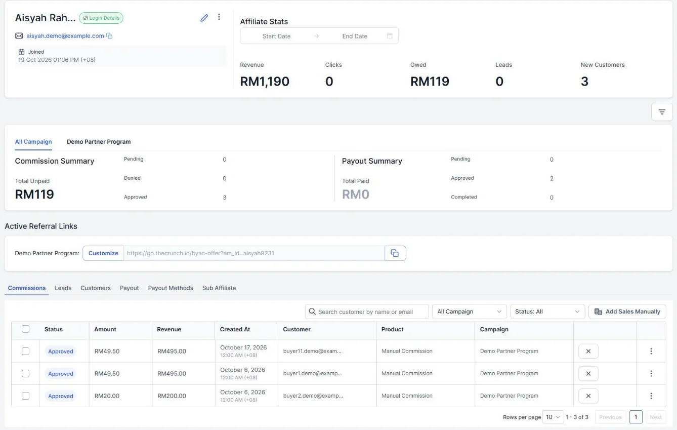 One partner's page with revenue, owed commission, a referral link and three approved commissions with dates and buyers